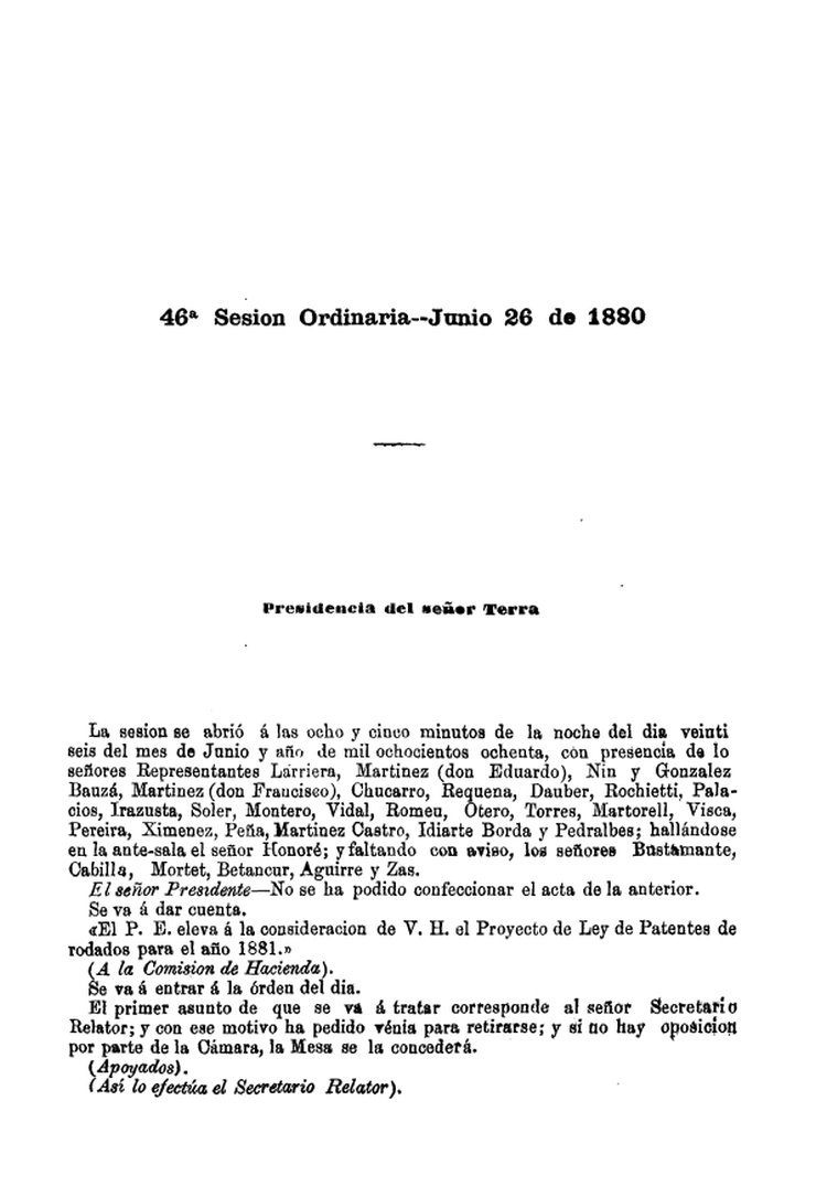 DIARIO DE SESIONES DE LA CAMARA DE REPRESENTANTES del 26/06/1880